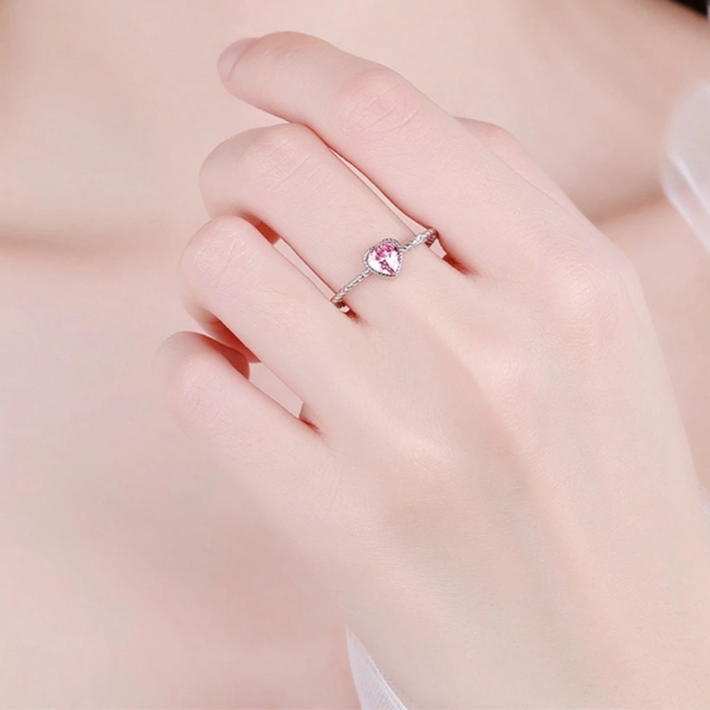 Pink Love Heart Premium Zircon 925 Sterling Silver Cross Band Rings - Picture 3 of 15